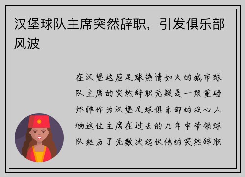 汉堡球队主席突然辞职，引发俱乐部风波